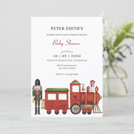 列車の赤ちゃんシャワー付きクリスマスのくるみ割り 招待状 (スタンド正面)