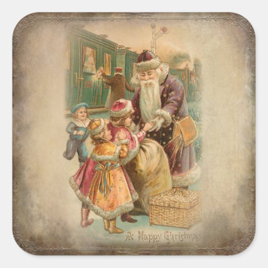 列車の駅で子どもとクリスマスを過ごす父 スクエアシール (正面)