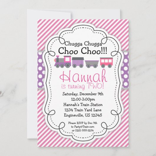 列車エンジンのピンクのストライプの紫色の水玉模様の誕生日 招待状 (正面)