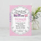 列車エンジンのピンクのストライプの紫色の水玉模様の誕生日 招待状 (スタンド正面)