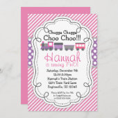 列車エンジンのピンクのストライプの紫色の水玉模様の誕生日 招待状 (正面/裏面)