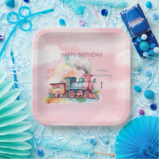 列車エンジンガール1歳の誕生日 ペーパープレート (パーティー)