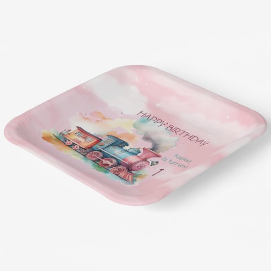 列車エンジンガール1歳の誕生日 ペーパープレート (傾斜あり)