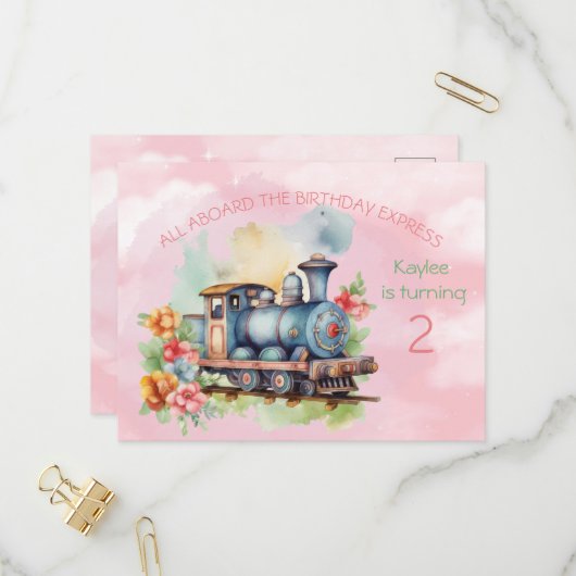 列車エンジンガール2nd誕生日招待状葉書 インビテーションポストカード (正面/裏面インサイチュ)