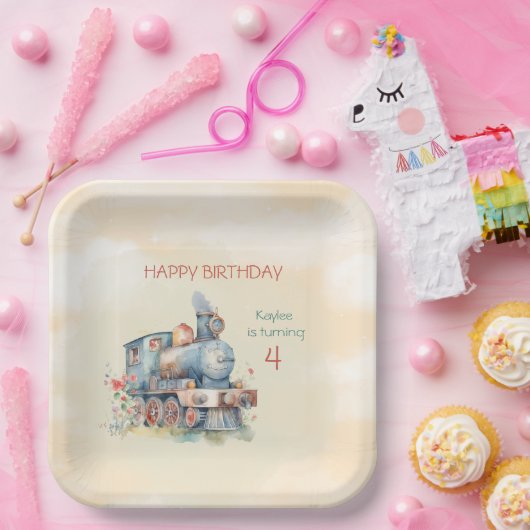 列車エンジンガール4歳の誕生日 ペーパープレート (パーティー)