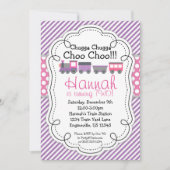 列車エンジンパープルストライプ水玉模様ピンク誕生日 招待状 (正面)