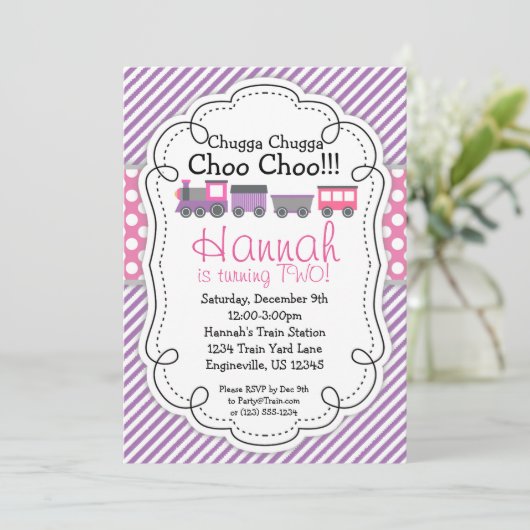 列車エンジンパープルストライプ水玉模様ピンク誕生日 招待状 (スタンド正面)