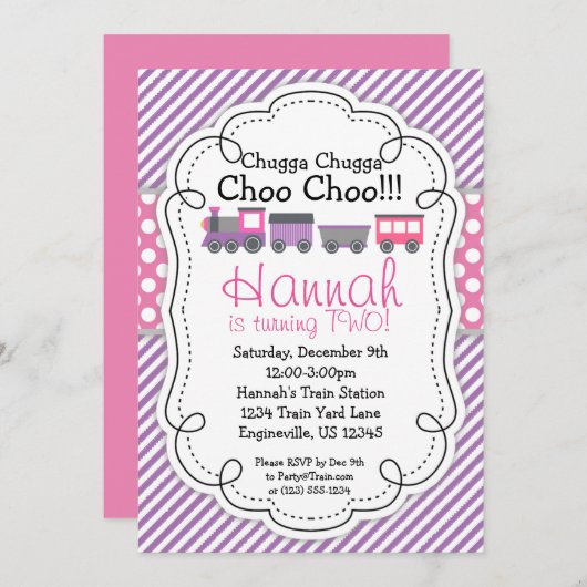 列車エンジンパープルストライプ水玉模様ピンク誕生日 招待状 (正面/裏面)
