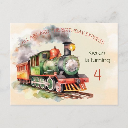 列車エンジンボーイ4th誕生日招待状葉書 インビテーションポストカード (正面)