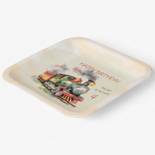 列車エンジン少年4歳の誕生日 ペーパープレート (傾斜あり)