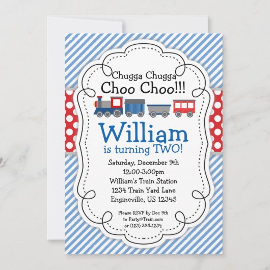 列車エンジン、空色のストライプの赤の水玉模様 招待状 (正面)