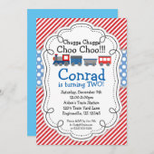 列車エンジン、赤のストライプの空色の水玉模様 招待状 (正面/裏面)