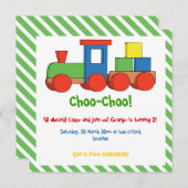 列車カラフル子供の誕生日グリーン白縁ど 招待状 (正面/裏面)