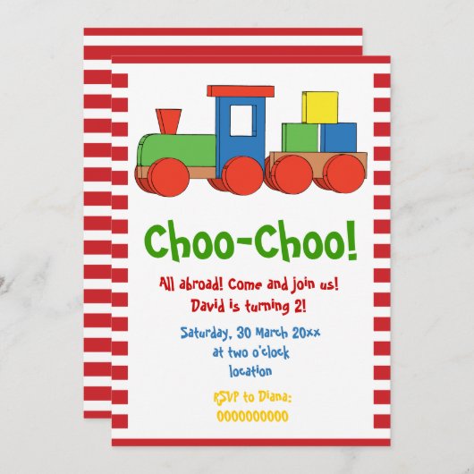 列車カラフル子供の誕生日赤白縁ど 招待状 (正面/裏面)