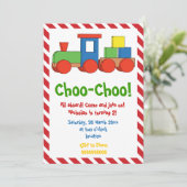 列車カラフル子供の誕生日、赤い白いストライプ 招待状 (スタンド正面)