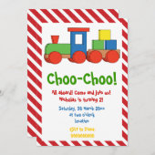 列車カラフル子供の誕生日、赤い白いストライプ 招待状 (正面/裏面)