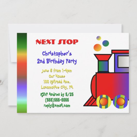 列車カラフル生誕パーソナライズされた生会 招待状 (裏面)