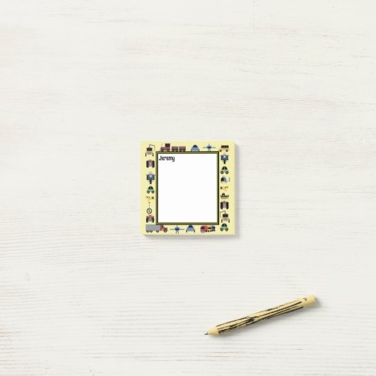 列車、プレインズ、自動車の男のモノグラムの子 ポストイット (デスク上)