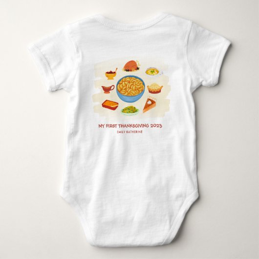 初おもしろいの感謝祭パーソナライズされた食 ベビーボディスーツ (裏面)