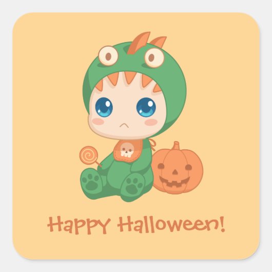 初のハロウィーンかわいいベビードラゴン恐竜の衣装 スクエアシール (正面)