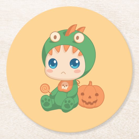 初のハロウィーンかわいいベビードラゴン恐竜の衣装 ラウンドペーパーコースター (正面)