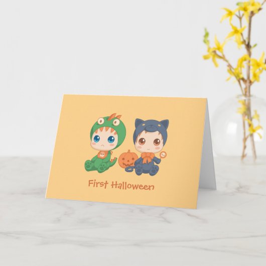 初のハロウィーンベビー黒猫ドラゴンの衣装 カード (黄色い花)