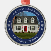 初のホームネイビーパーソナライズされた写真 メタルオーナメント (正面)