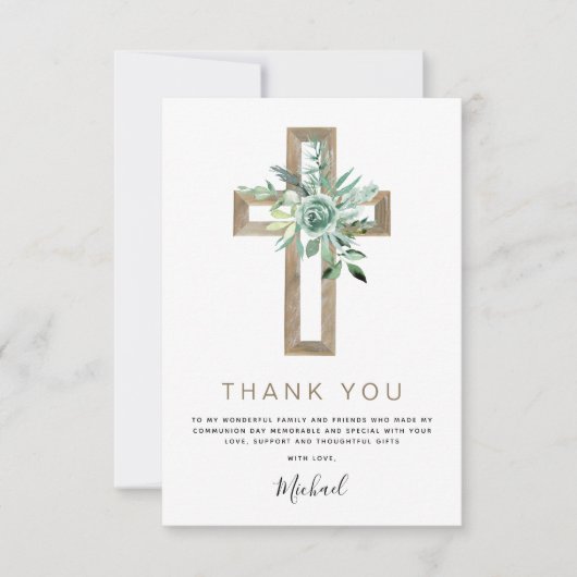 初の聖餐会ありがとう緑のセージの招待 サンキューカード (正面)