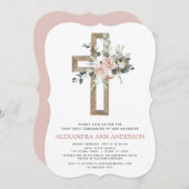 初の聖餐式ほこりっぽいピンク色のバラの緑 招待状 (正面/裏面)