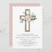 初の聖餐式ほこりっぽいピンク色のバラの緑 招待状 (正面/裏面)