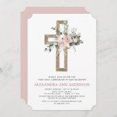 初の聖餐式ほこりっぽいピンク色のバラの緑 招待状 (正面/裏面)