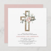 初の聖餐式ほこりっぽいピンク色のバラの緑 招待状 (正面/裏面)