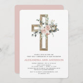 初の聖餐式ほこりっぽいピンク色のバラの緑 招待状 (正面/裏面)