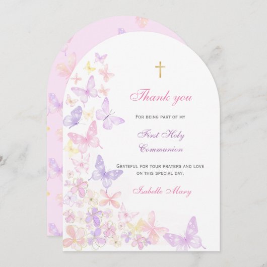 初の聖餐式ピンクバタフライ 招待状 (正面/裏面)