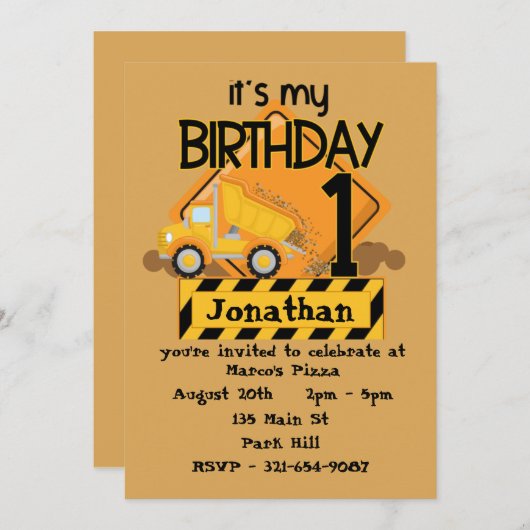 初の誕生日ダンプトラック招待状 招待状 (正面/裏面)