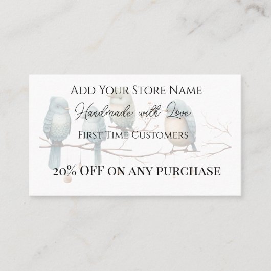 初めてのお客様が手づくり鳥類の水色 割引カード (正面)