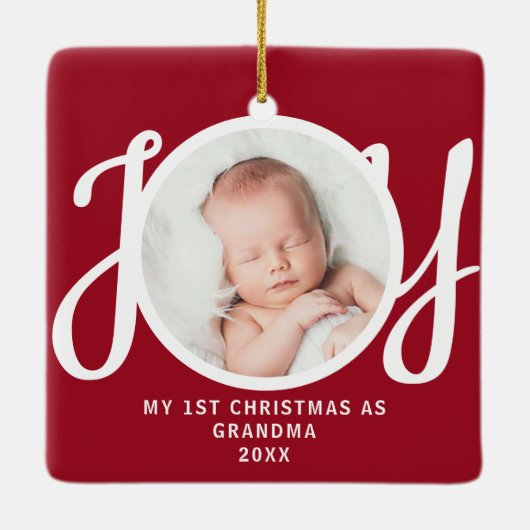 初めてのクリスマスおばあちゃんの写真キープサキーレッド セラミックオーナメント (裏面)