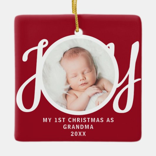 初めてのクリスマスおばあちゃんの写真キープサキーレッド セラミックオーナメント (正面)
