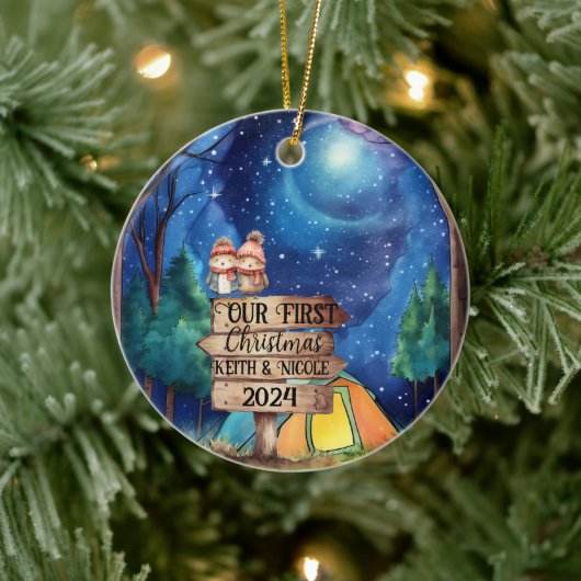 初めてのクリスマスかわいいカップル新婚アドベンチャー セラミックオーナメント (ツリー)
