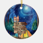 初めてのクリスマスかわいいカップル新婚アドベンチャー セラミックオーナメント (正面)