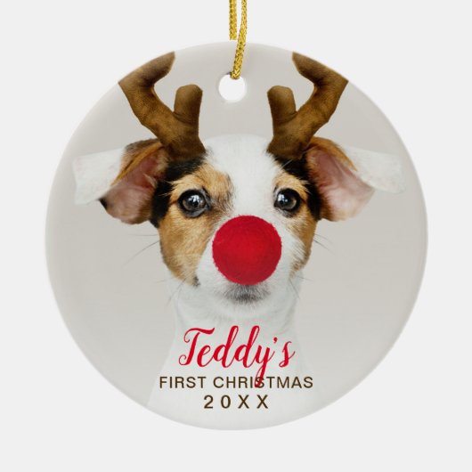 初めてのクリスマスかわいいペット犬の写真タイポグラフィ セラミックオーナメント (正面)