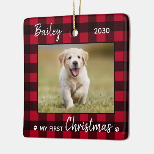 初めてのクリスマスかわいい子犬の赤い格子犬のペットの写真 セラミックオーナメント (左)