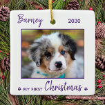 初めてのクリスマスかわいい子犬 – Purple Dog Pet Photo セラミックオーナメント<br><div class="desc">初めてのクリスマス!お飾使いの木や特別なギフトを送るすごいこパーソナライズされたの可愛いペットの写真のホリカスタムーオーナメント。あなたの犬の写真を追加し、名前と年でパーソナライズ。オーナメントは両面で、あなたは違う各側面の写真を行うことができる。COPYRIGHT © 2020 Judy Burrows,  Black Dog Art - All Rights Reserved</div>