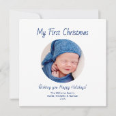 初めてのクリスマスかわいい男の赤ちゃんフォトブルー シーズンカード (正面)