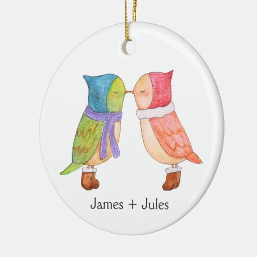 初めてのクリスマスが一緒にかわいいラブバードカスタムズ セラミックオーナメント (左)