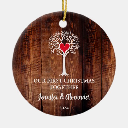 初めてのクリスマスが一緒に木の木の写真を愛 セラミックオーナメント (正面)