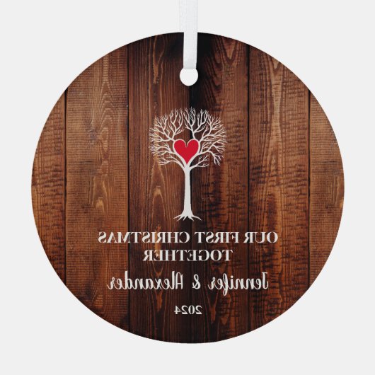 初めてのクリスマスが一緒に木の素朴な木を愛する ガラスオーナメント (裏面)