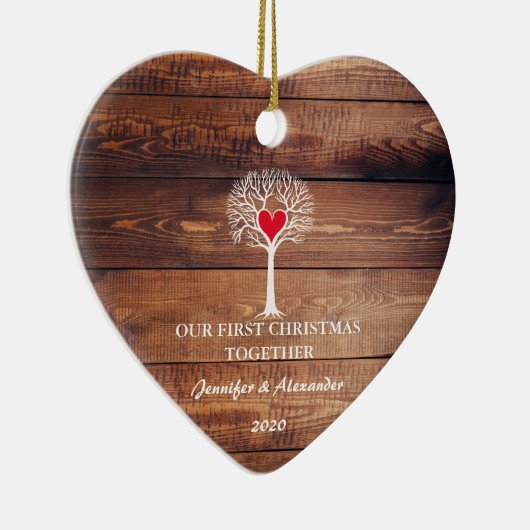 初めてのクリスマスが一緒に木の素朴な木を愛する セラミックオーナメント (右)