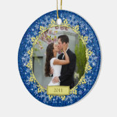 初めてのクリスマスが一緒に青いスノーフレーク写真 セラミックオーナメント (左)