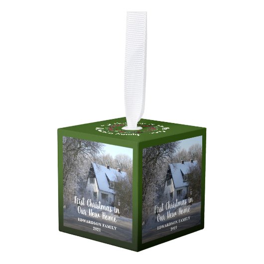 初めてのクリスマスが新しい家の写真に キューブオーナメント (正面アングル)